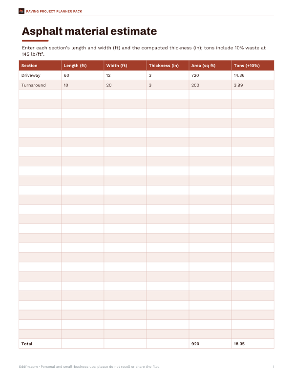Preview of Printable Asphalt Estimate Worksheet