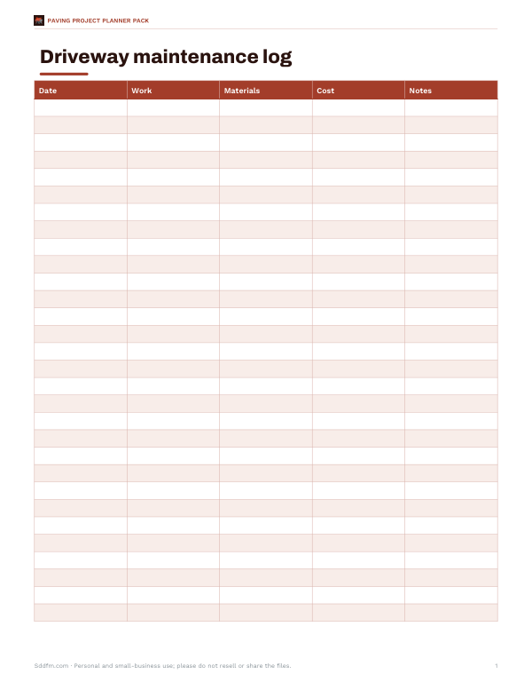 Preview of Printable Driveway Maintenance Log