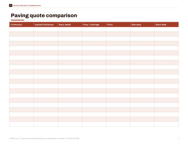 Preview of Printable Paving Quote Comparison Sheet