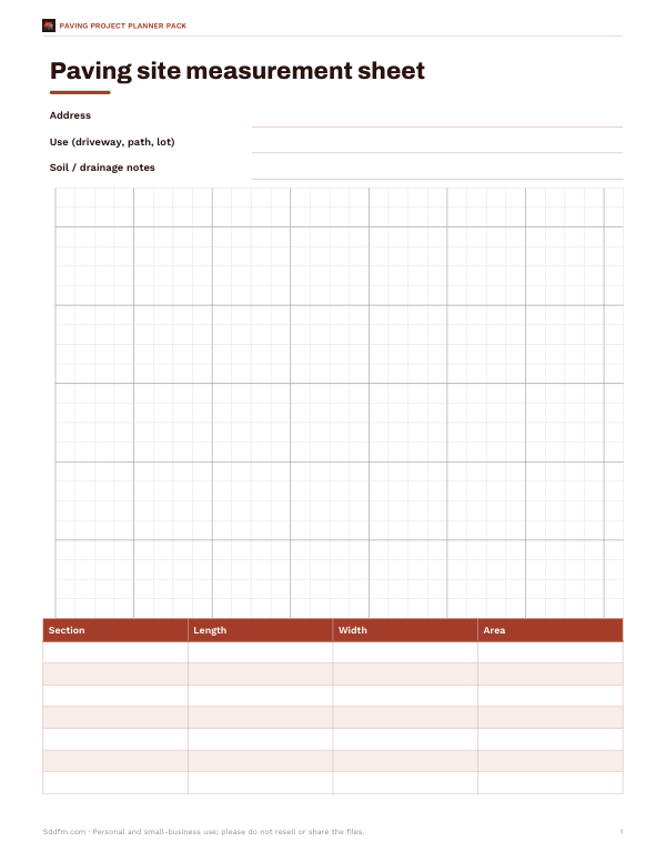 Preview of Printable Paving Site Measurement Sheet